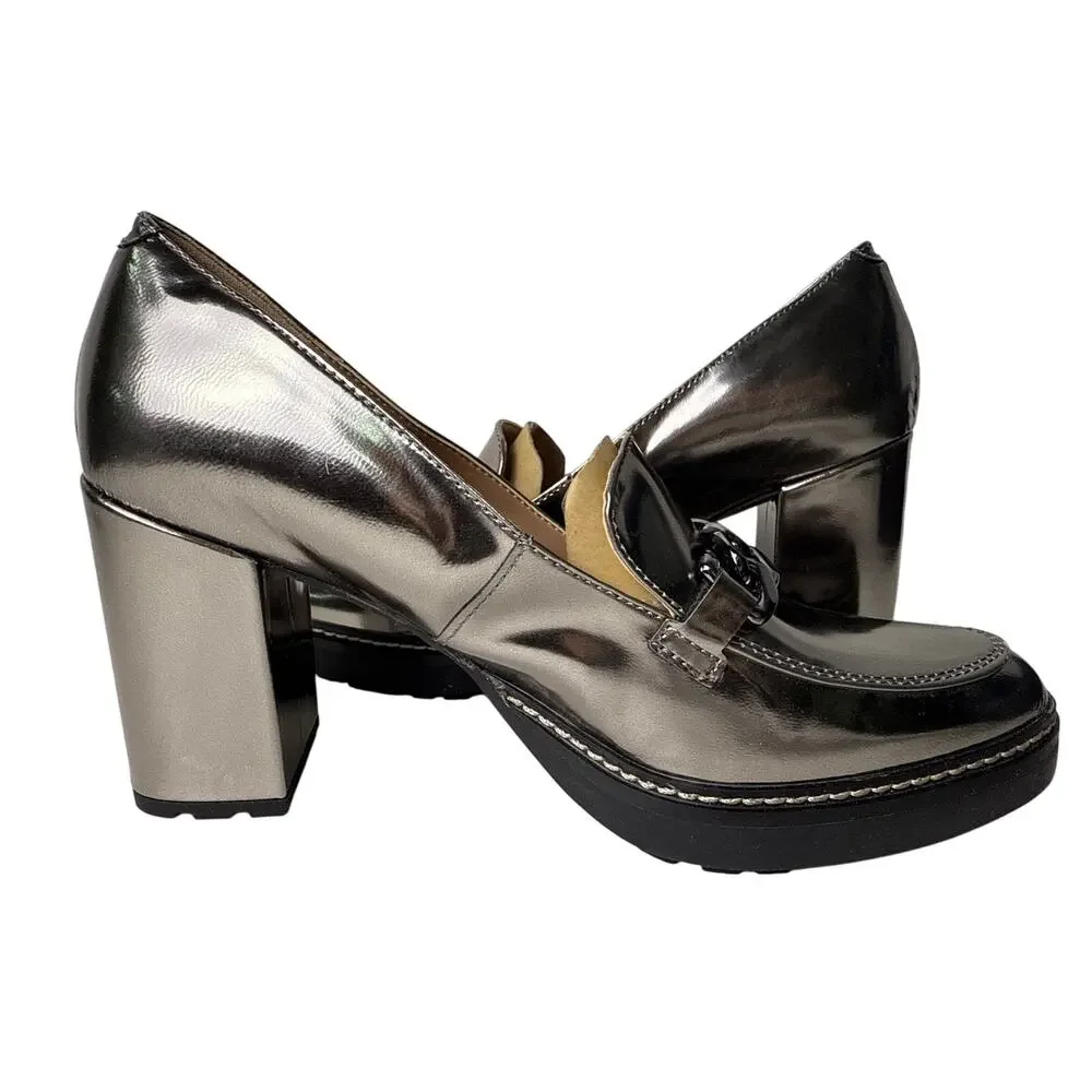 Naturalizer Loafer Callie-Moc Pumps Womens 9M Pewter Metallic Block Heel Chain
